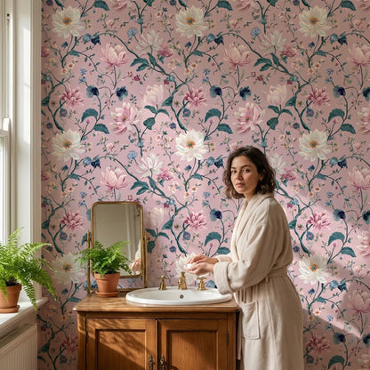 Pudra Pembe Çiçekli Duvar Kağıdı Vintage Botanik Desen