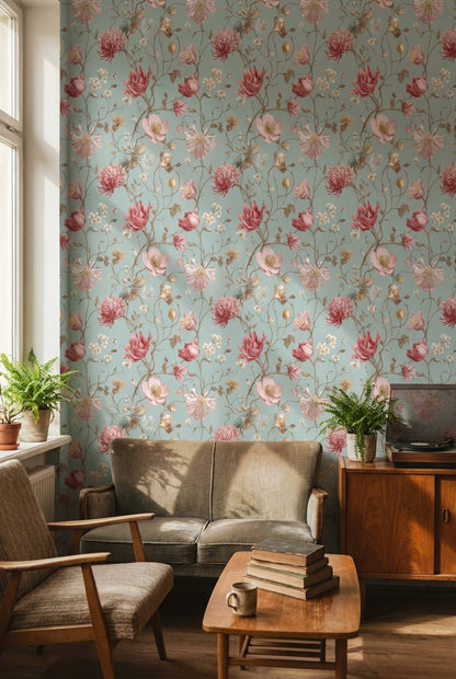Pembe Çiçekli Duvar Kağıdı Mavi Zemin Vintage Salon