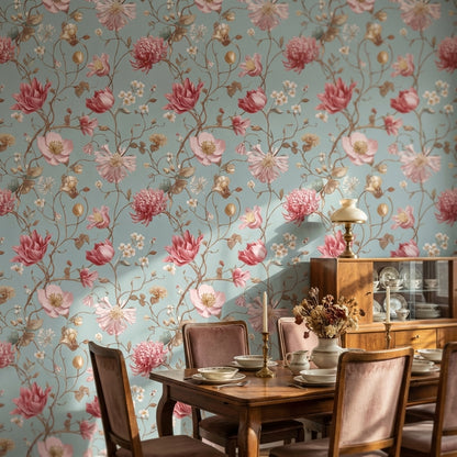 Pembe Çiçekli Duvar Kağıdı Mavi Zemin Vintage Salon