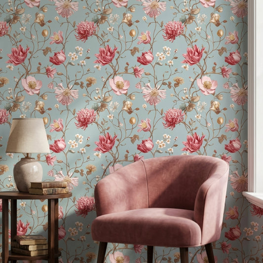 Pembe Çiçekli Duvar Kağıdı Mavi Zemin Vintage Salon