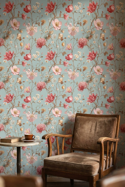 Pembe Çiçekli Duvar Kağıdı Mavi Zemin Vintage Salon