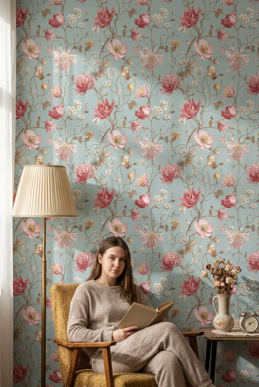 Pembe Çiçekli Duvar Kağıdı Mavi Zemin Vintage Salon