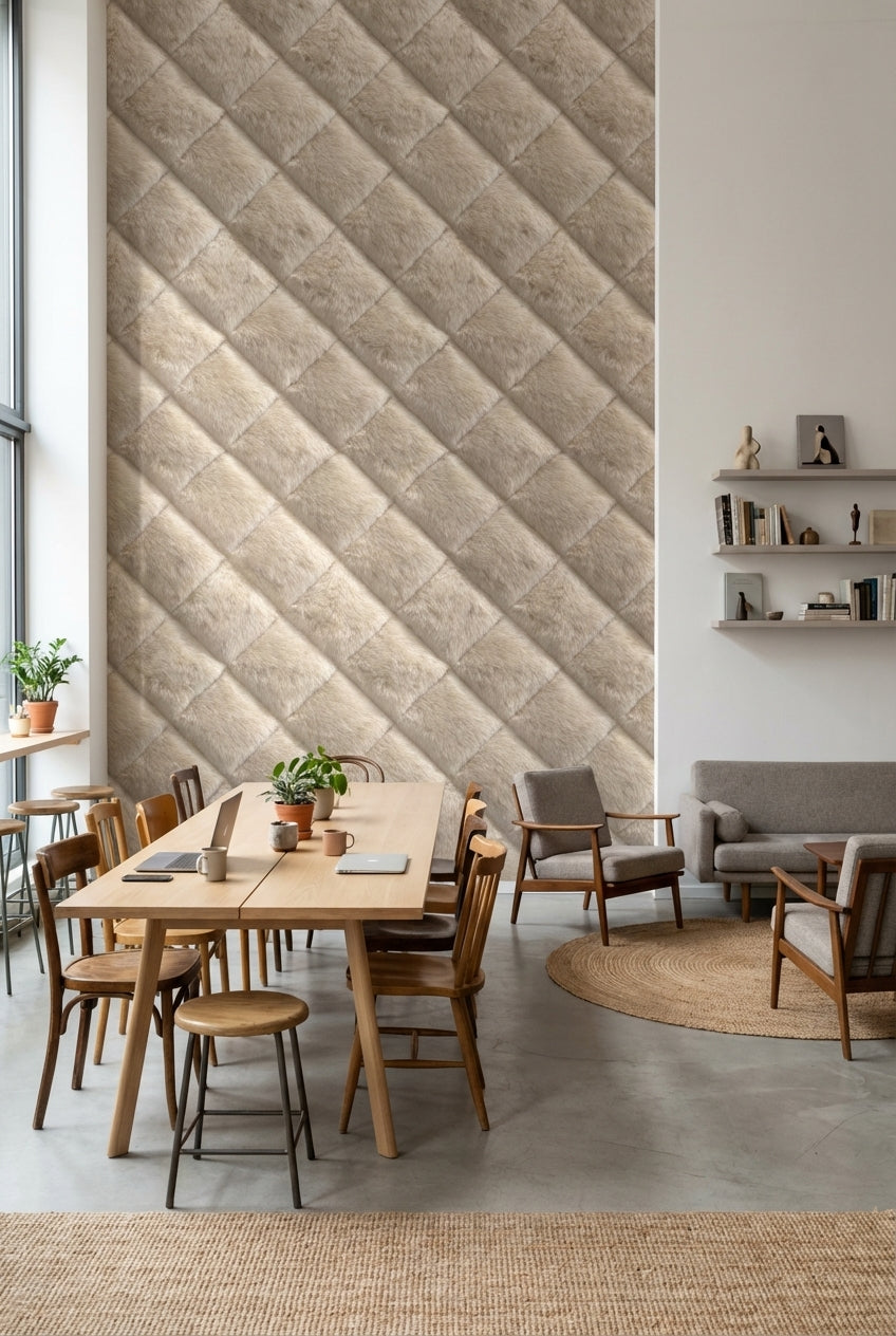 Kapitone Kare Desenli Duvar Kağıdı Bej Modern Dekor