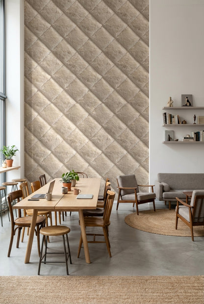 Kapitone Kare Desenli Duvar Kağıdı Bej Modern Dekor