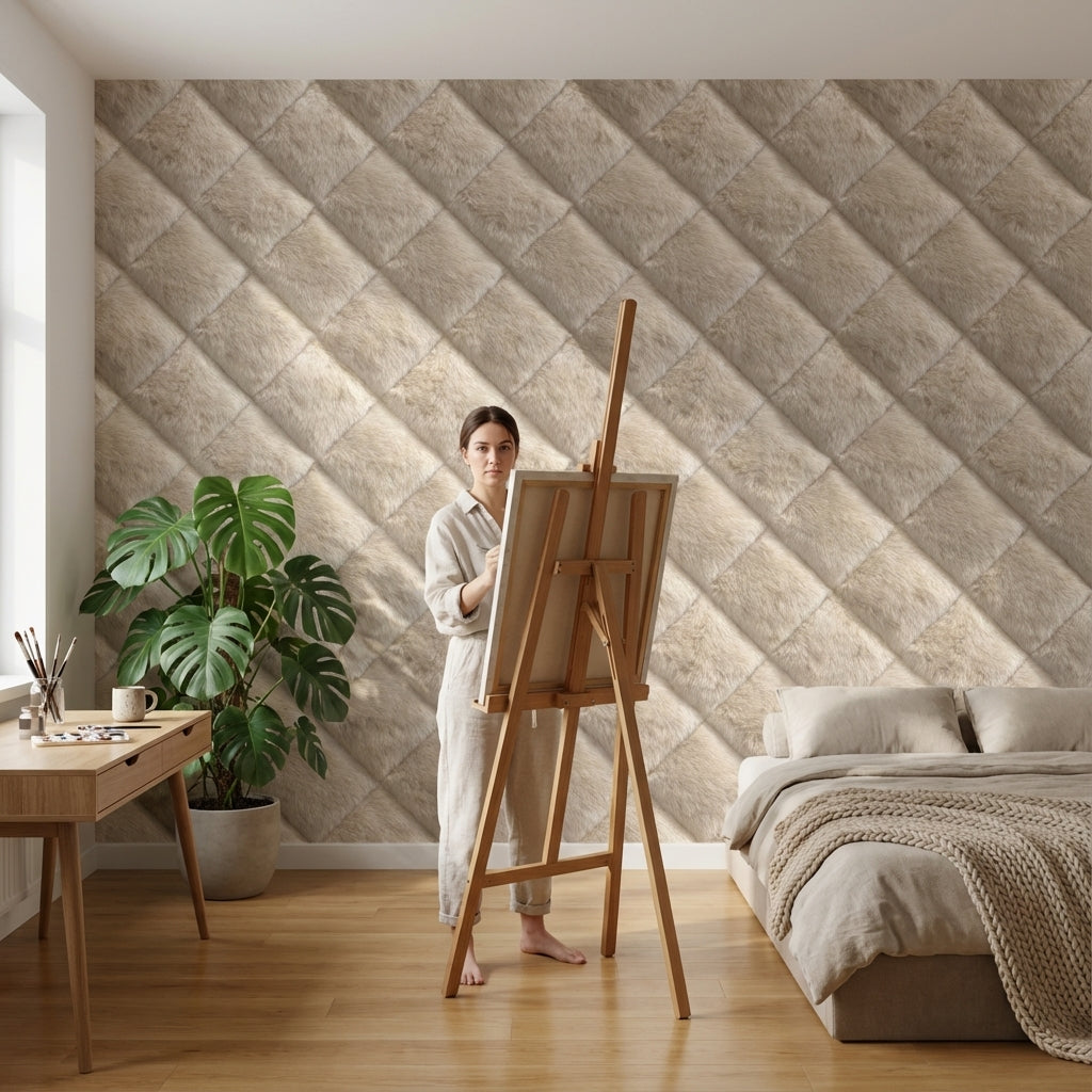Kapitone Kare Desenli Duvar Kağıdı Bej Modern Dekor