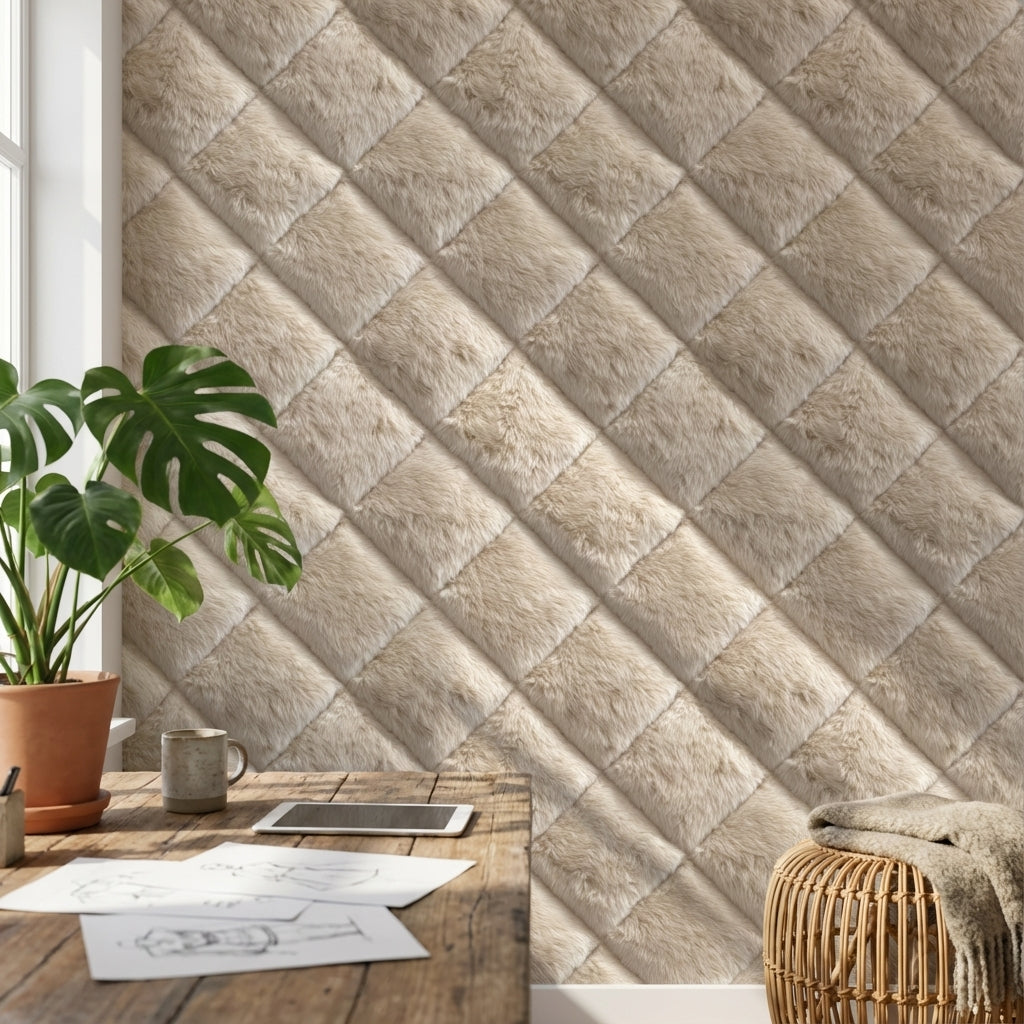 Kapitone Kare Desenli Duvar Kağıdı Bej Modern Dekor