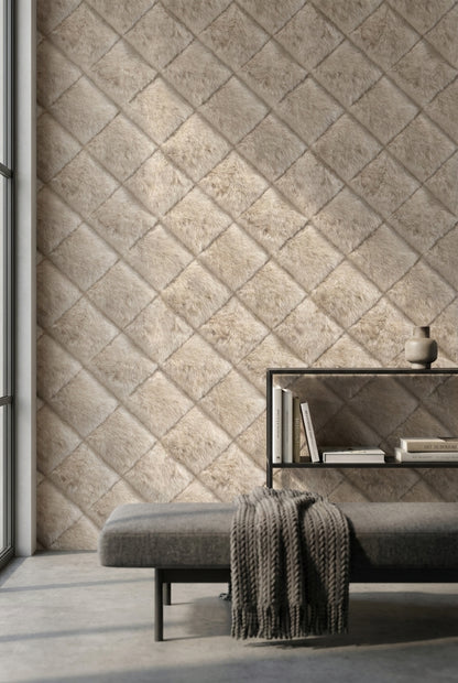 Kapitone Kare Desenli Duvar Kağıdı Bej Modern Dekor