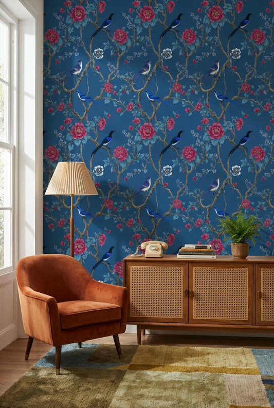 Kuşlu Çiçekli Duvar Kağıdı Lacivert Vintage Desenli Salon