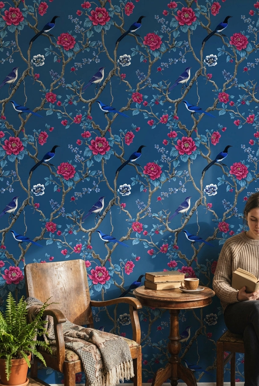 Kuşlu Çiçekli Duvar Kağıdı Lacivert Vintage Desenli Salon