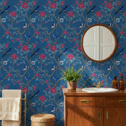 Kuşlu Çiçekli Duvar Kağıdı Lacivert Vintage Desenli Salon