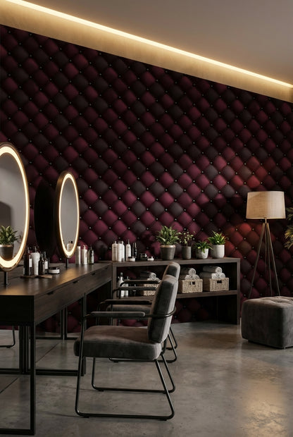 Kapitoneli Deri Görünümlü Duvar Kağıdı Bordo Siyah Salon