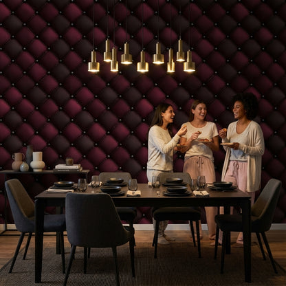 Kapitoneli Deri Görünümlü Duvar Kağıdı Bordo Siyah Salon