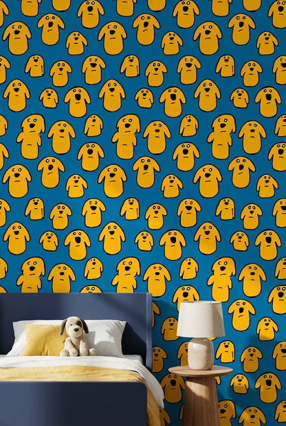 Sarı Köpek Desenli Duvar Kağıdı Mavi Fon Genç Odası