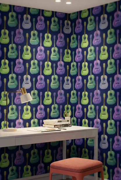 Renkli Gitar Desenli Duvar Kağıdı Lacivert Fon Modern