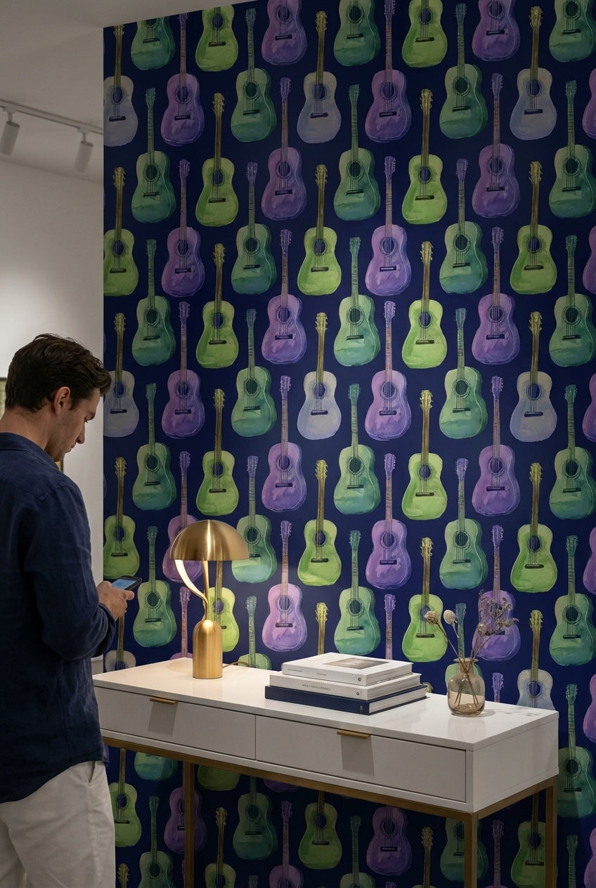 Renkli Gitar Desenli Duvar Kağıdı Lacivert Fon Modern