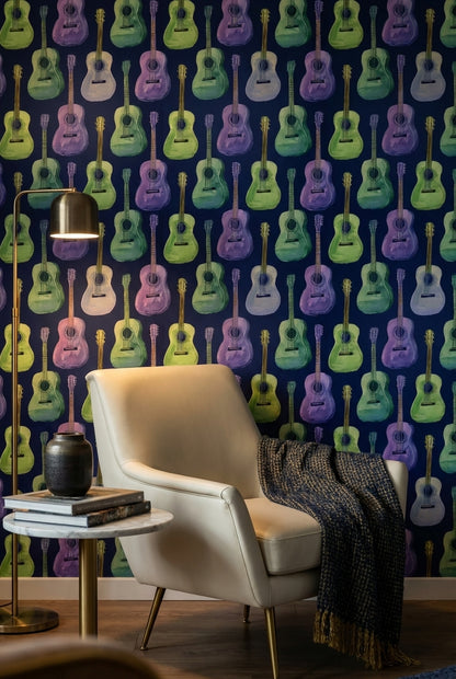 Renkli Gitar Desenli Duvar Kağıdı Lacivert Fon Modern