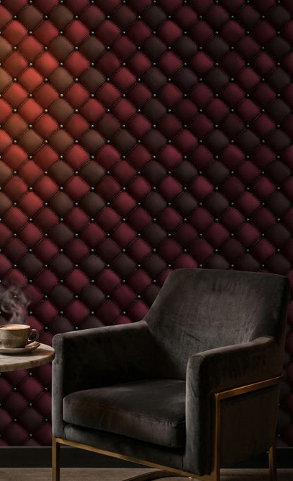 Kapitoneli Deri Görünümlü Duvar Kağıdı Bordo Siyah Salon
