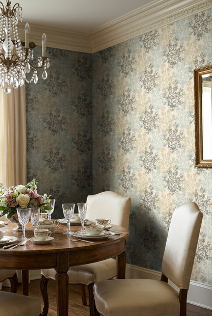 Vintage Çiçek Desenli Duvar Kağıdı Bej Mavi Salon