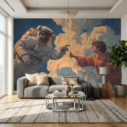 Astronot ve Figürlü Poster Duvar Kağıdı Mavi Bulutlu Salon