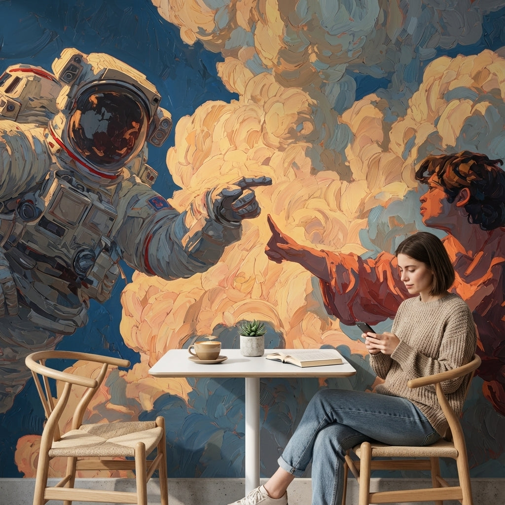 Astronot ve Figürlü Poster Duvar Kağıdı Mavi Bulutlu Salon