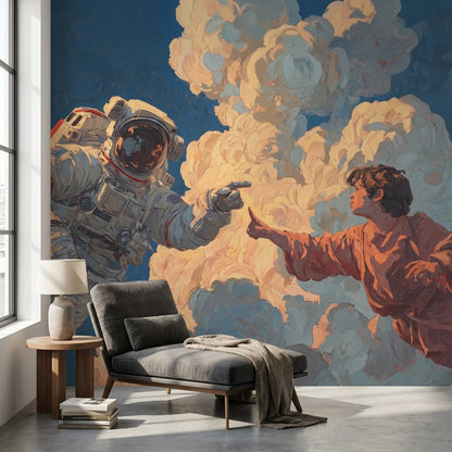 Astronot ve Figürlü Poster Duvar Kağıdı Mavi Bulutlu Salon