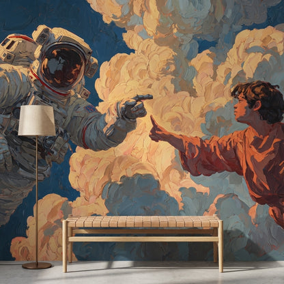 Astronot ve Figürlü Poster Duvar Kağıdı Mavi Bulutlu Salon