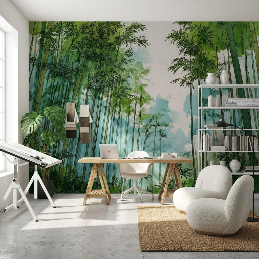 Bambu Ormanı Poster Duvar Kağıdı Sulu Boya Yeşil Duvar