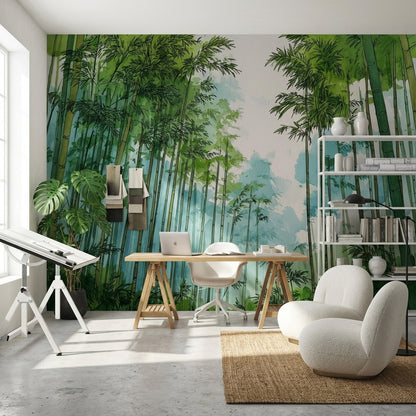 Bambu Ormanı Poster Duvar Kağıdı Sulu Boya Yeşil Duvar