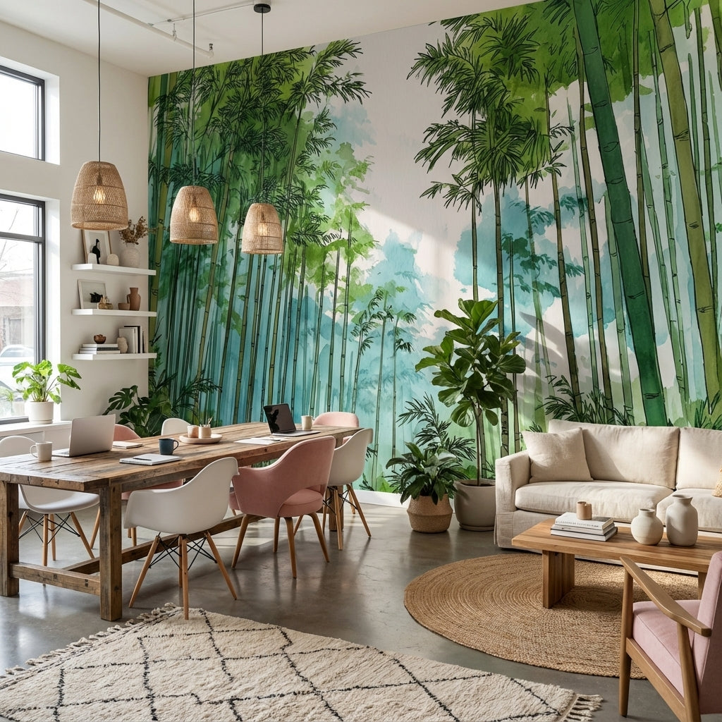 Bambu Ormanı Poster Duvar Kağıdı Sulu Boya Yeşil Duvar