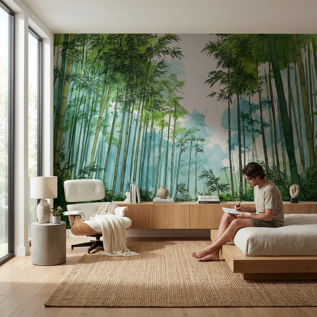 Bambu Ormanı Poster Duvar Kağıdı Sulu Boya Yeşil Duvar