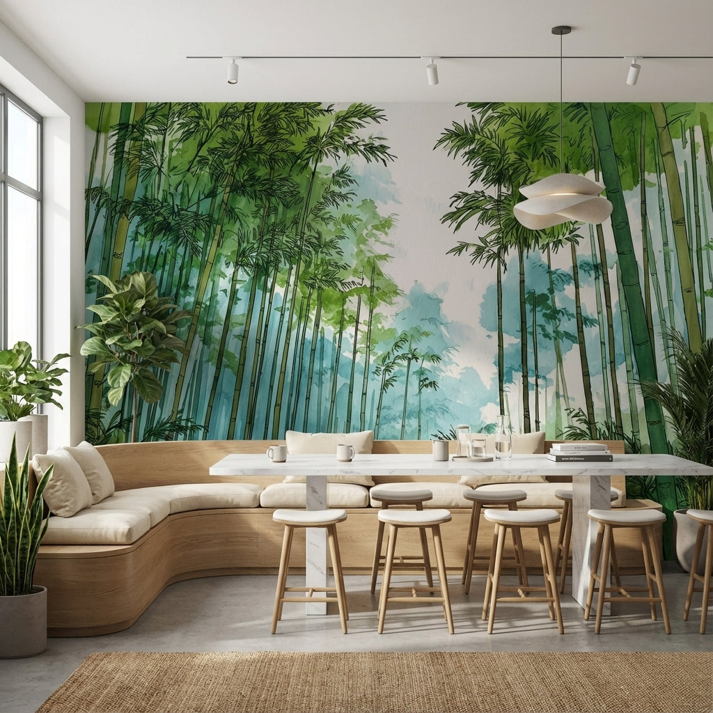 Bambu Ormanı Poster Duvar Kağıdı Sulu Boya Yeşil Duvar