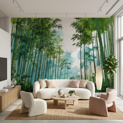 Bambu Ormanı Poster Duvar Kağıdı Sulu Boya Yeşil Duvar
