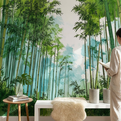 Bambu Ormanı Poster Duvar Kağıdı Sulu Boya Yeşil Duvar