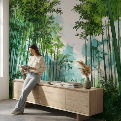 Bambu Ormanı Poster Duvar Kağıdı Sulu Boya Yeşil Duvar