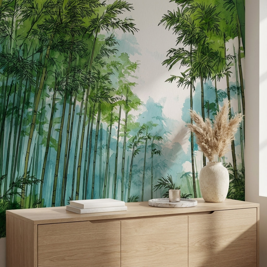 Bambu Ormanı Poster Duvar Kağıdı Sulu Boya Yeşil Duvar