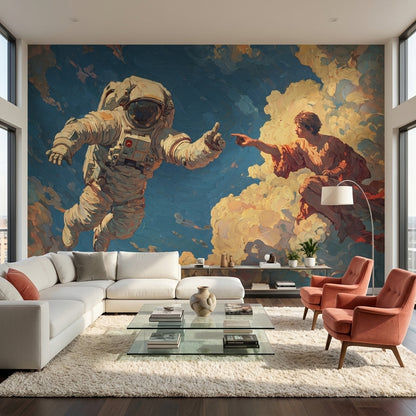 Astronot Temalı Poster Duvar Kağıdı Mavi Bulutlu Modern Tasarım