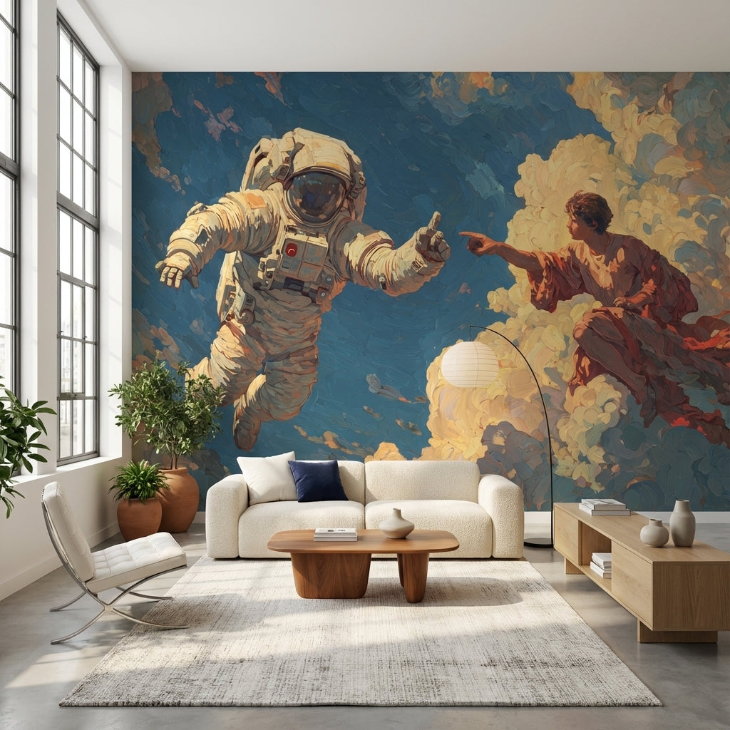 Astronot Temalı Poster Duvar Kağıdı Mavi Bulutlu Modern Tasarım