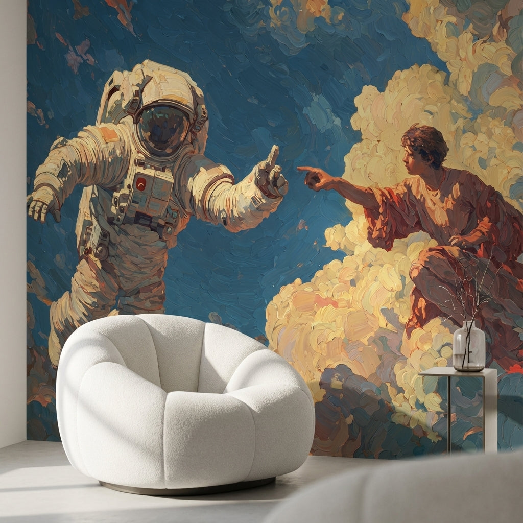 Astronot Temalı Poster Duvar Kağıdı Mavi Bulutlu Modern Tasarım