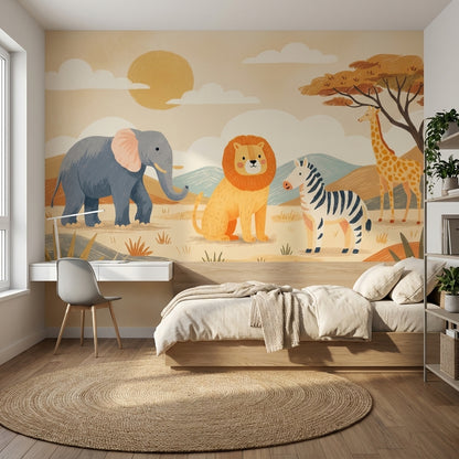 Safari Hayvanlı Poster Duvar Kağıdı Bej Tonlu Çocuk Odası