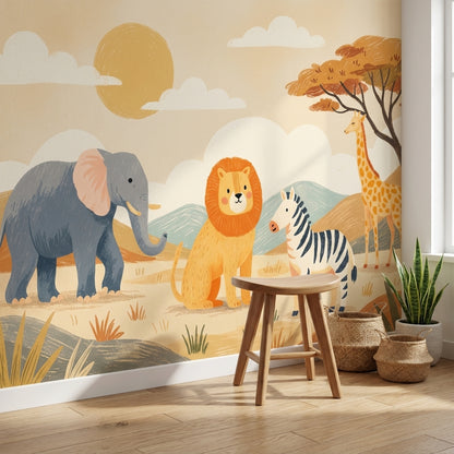 Safari Hayvanlı Poster Duvar Kağıdı Bej Tonlu Çocuk Odası