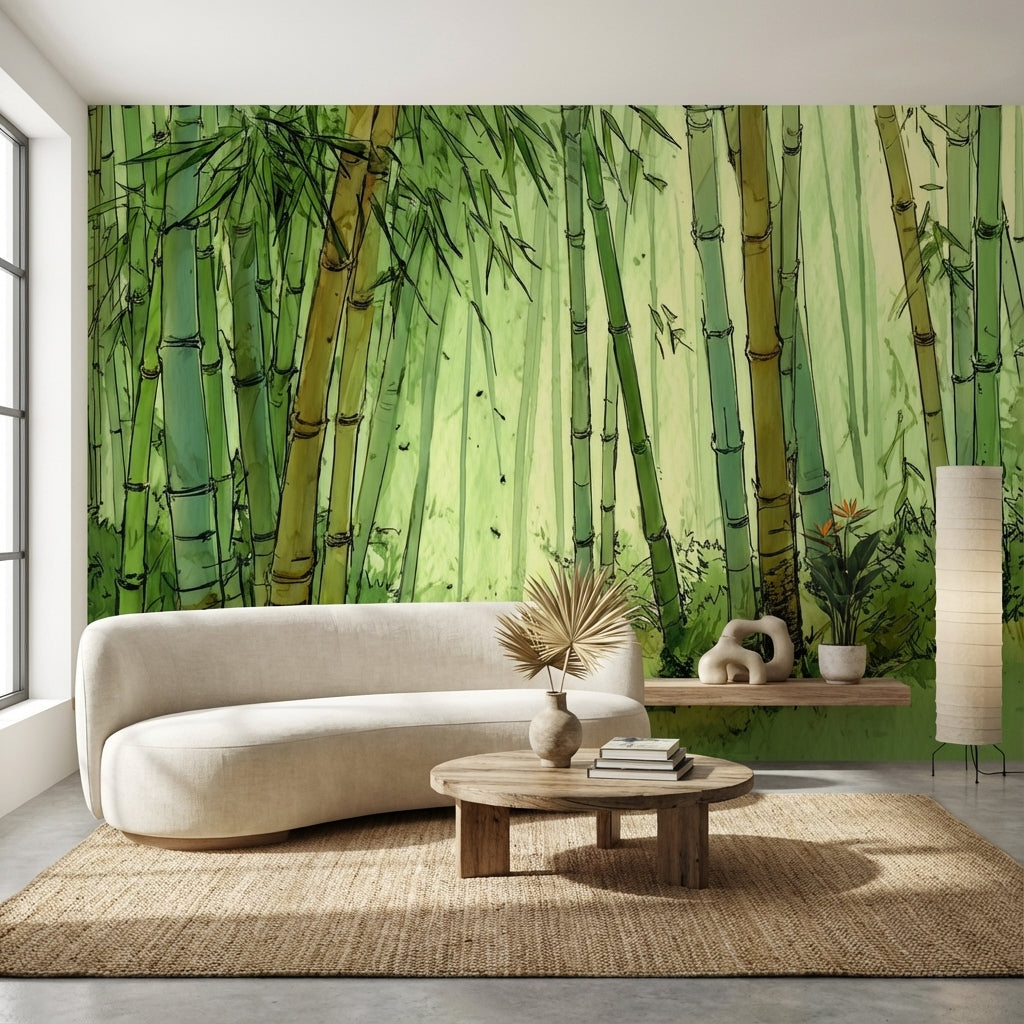 Bambu Ormanı Poster Duvar Kağıdı Yeşil Suluboya Salon