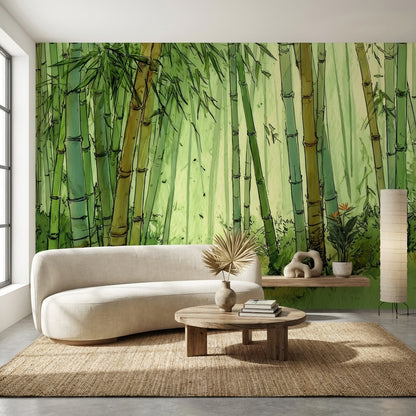 Bambu Ormanı Poster Duvar Kağıdı Yeşil Suluboya Salon