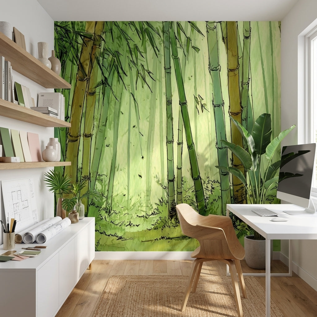 Bambu Ormanı Poster Duvar Kağıdı Yeşil Suluboya Salon