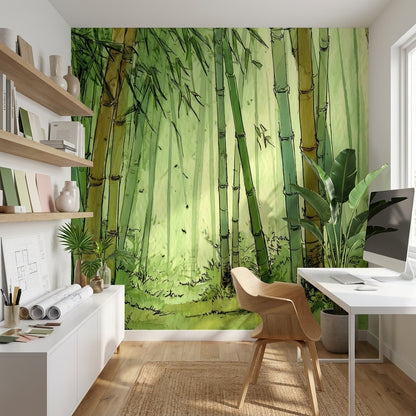 Bambu Ormanı Poster Duvar Kağıdı Yeşil Suluboya Salon