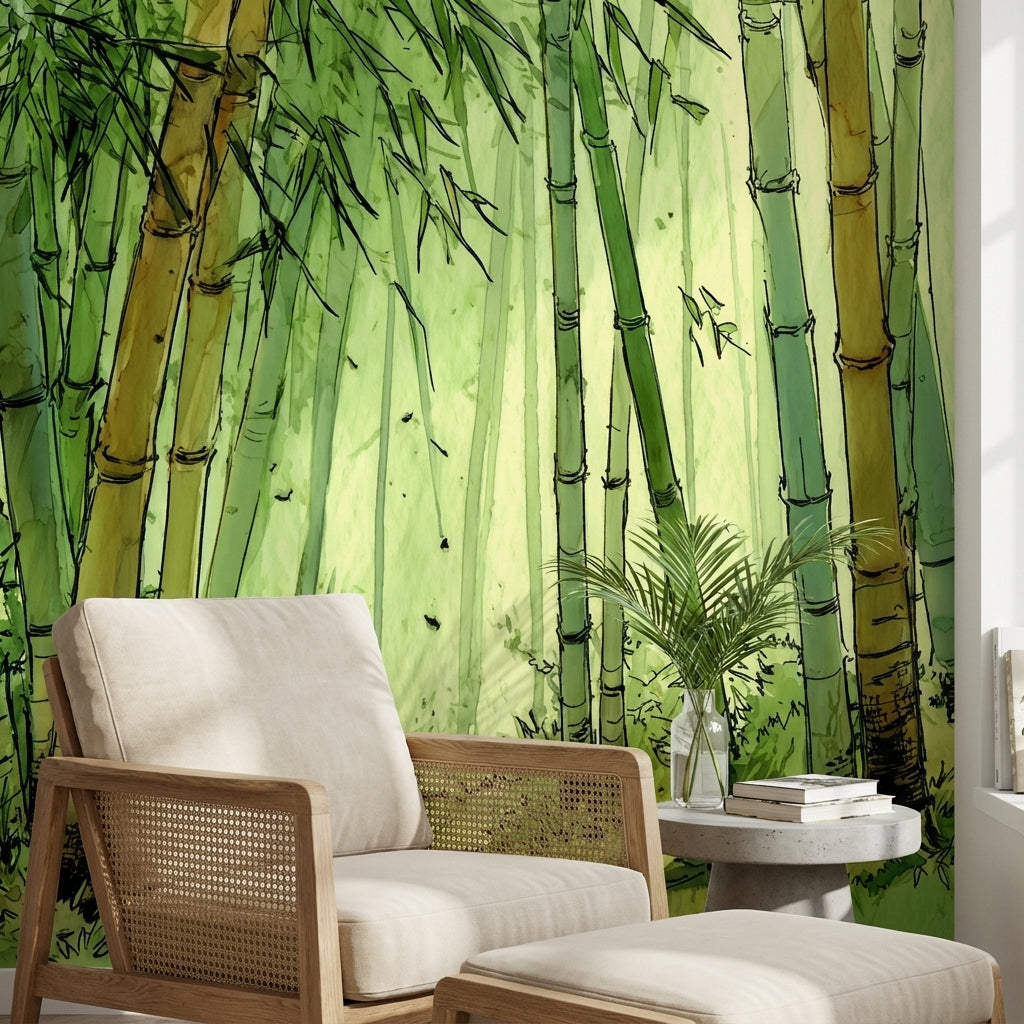 Bambu Ormanı Poster Duvar Kağıdı Yeşil Suluboya Salon