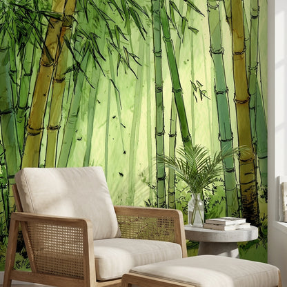 Bambu Ormanı Poster Duvar Kağıdı Yeşil Suluboya Salon
