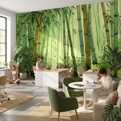 Bambu Ormanı Poster Duvar Kağıdı Yeşil Suluboya Salon