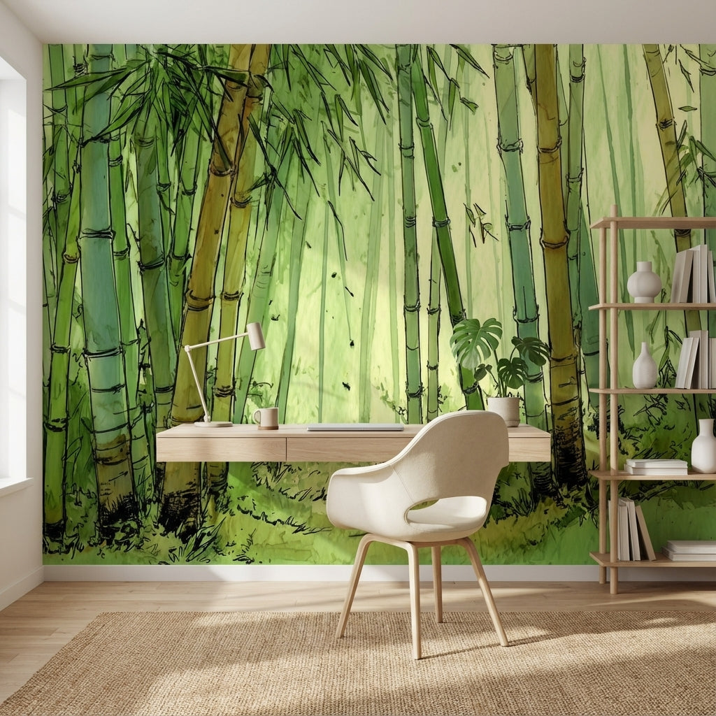 Bambu Ormanı Poster Duvar Kağıdı Yeşil Suluboya Salon