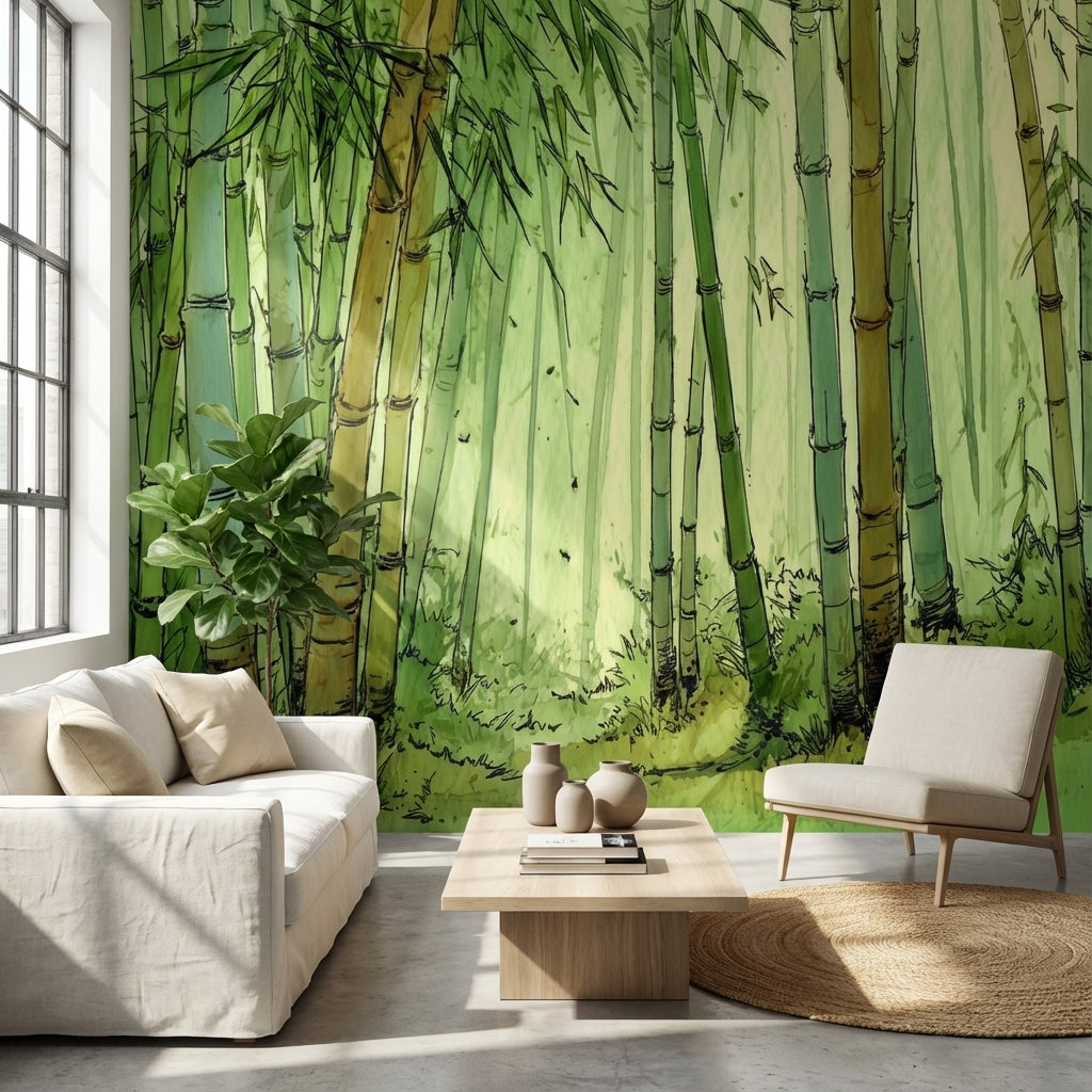 Bambu Ormanı Poster Duvar Kağıdı Yeşil Suluboya Salon