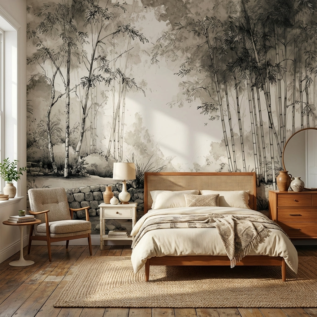 Siyah Beyaz Bambu Ormanı Poster Duvar Kağıdı Salon Dekoru